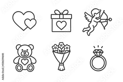 Romantic Valentine’s Day Line Icon Set – Hearts, Gift Box, Cupid, Teddy Bear, Flower Bouquet, Engagement Ring, Love Symbols, Thin Outline Vector, Wedding, Anniversary, Holiday, Celebration