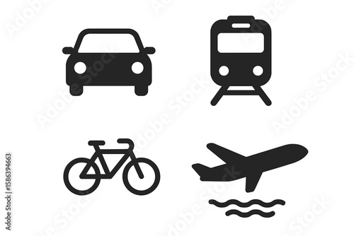 Modern Transportation Vehicle Icon Set – Black Glyph Pictograms of Car, Train, Bicycle, Airplane – Travel, Public Transit, Logistics, Mobility, Urban and Intercity Transport Concepts