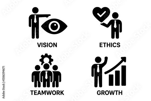Core values and leadership icon set. Vector glyph pictograms of business concepts like vision, ethics, teamwork, and growth. Symbols for motivation, trust, and integrity.