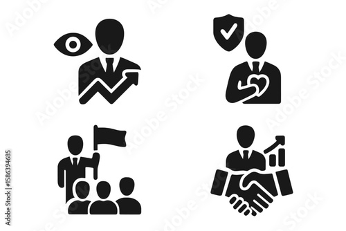 Core value icon set. Business leadership, vision, ethics, motivation. Trust, teamwork, growth, innovation, integrity concept. Vector glyph pictogram for corporate mission.