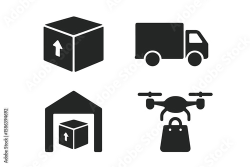 Delivery and logistics icon set with glyph pictograms. Vector symbols for e-commerce, supply chain, and shipping concepts. Includes package, truck, warehouse, and drone.