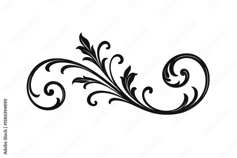 © jasmine - Elegant vector curl, hand drawn swirl, and floral embellishment. Vintage scroll artwork with filigree ornament. Classic baroque or rococo style flourish for design. © jasmine - Elegant vector curl, hand drawn swirl, and floral embellishment. Vintage scroll artwork with filigree ornament. Classic baroque or rococo style flourish for design.