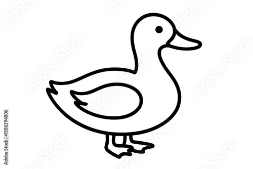 Cute duckling bird simple line art illustration. Black and white farm animal character for kids coloring book. Minimalist duck logo or icon vector design on white background.