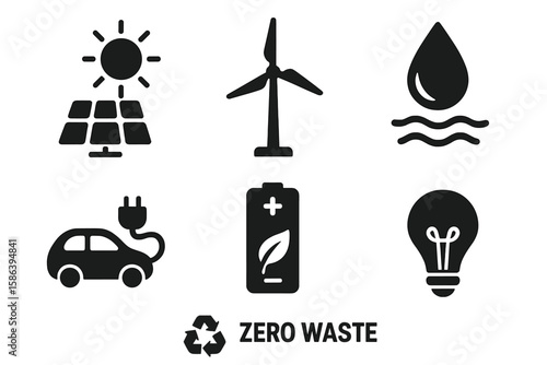Ecology icon set with green energy symbols. Vector pictograms of solar panel, wind turbine, water, electric car, eco battery, light bulb, and zero waste for sustainability.