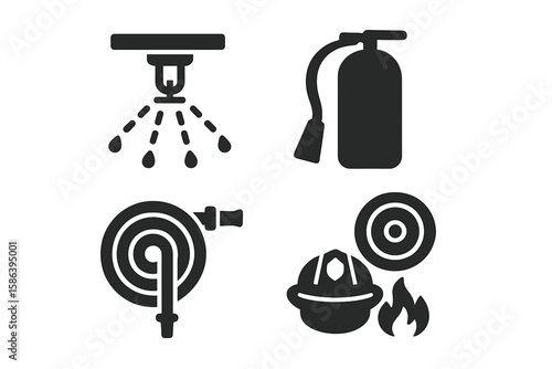 Fire safety and emergency evacuation solid glyph icon set. Vector pictograms of fire protection equipment: sprinkler system, extinguisher, hose, firefighter helmet, and alarm.