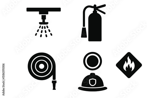Fire safety and emergency evacuation vector glyph icon set. Pictograms of sprinkler system, extinguisher, fire hose, firefighter helmet, and flammable liquid warning sign.