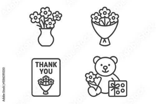 Flower delivery service line icon set. Vector pictograms of floral arrangement in vase, wrapped bouquet, thank you card, and teddy bear with gift for special occasions.