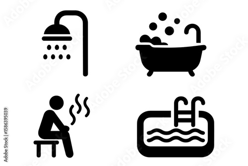 Spa and Bath Icon Set – Vector Glyph Pictograms of Shower, Bathtub with Bubbles, Sauna, Jacuzzi, Swimming Pool, Relaxation, Hygiene, Wellness, Black Silhouette Symbols for Spa and Bathroom Concepts