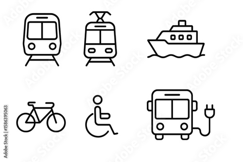 Modern Urban Public Transport Vector Icons Set – Metro, Tram, Ferry, Bicycle, Wheelchair Access, Electric Bus, Thin Line Style, Minimalist City Transit Symbols