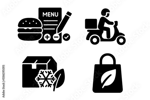 Food delivery service glyph icons set. Online order and takeaway pictograms. Courier on scooter, menu customization, burger, frozen and fresh eco package symbols. Vector signs.
