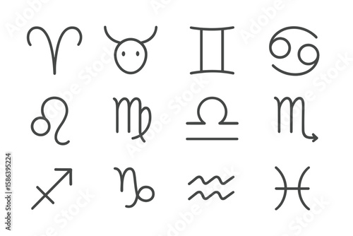 Minimalist Zodiac Signs Vector Set. Linear Astrology Horoscope Symbols for Aries, Taurus, Gemini, Cancer, Leo, Virgo, Libra, Scorpio, Sagittarius, Capricorn, Aquarius, Pisces. Modern Icon Collection