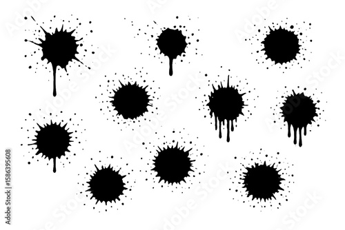 Black Ink Splatter Vector Set for Grunge Design, Abstract Paint Drops, Dripping Blots, Artistic Stains, Isolated Elements for Creative Backgrounds, Textures, and Urban Art Projects