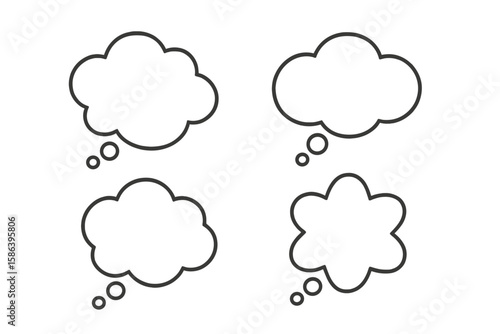 Thought Bubble Vector Set – Multiple Cloud-Shaped Thinking Bubbles Outline Icons for Brainstorming, Creative Ideas, Conceptualization, Imagination, and Communication Design Illustration
