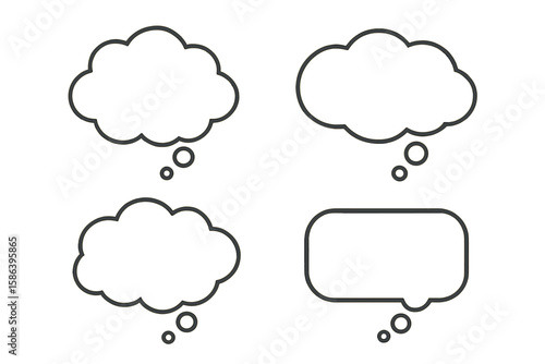 Thinking Cloud and Thought Bubble Vector Icons in Various Shapes with Outlines, Multiple Versions for Brainstorming, Design Illustration, Conceptualization, and Creative Idea Visualization