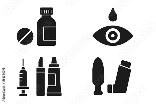 Medical Administration Methods Icon Set. Vector Pictograms of Oral, Injectable, Topical, Rectal, Inhalation, and Ophthalmic Drug Delivery. Pharmaceutical Dosage Forms, Healthcare, Medicine, Treatment