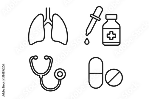 Healthcare and medicine line icon set. Medical symbols collection with lungs, stethoscope, pills, and dropper bottle. Simple outline vector illustration for health concepts.
