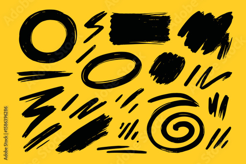Set of black grunge brush strokes. Collection of hand drawn ink paint splashes, lines, circles, and abstract shapes. Grungy doodle scribbles and dirty artistic elements vector.