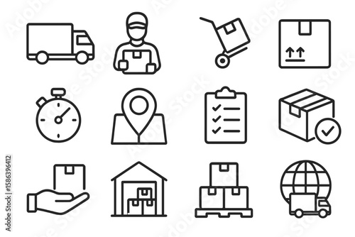 Logistics and delivery service line icon set. Shipping, transport, and supply chain symbols. Warehouse, package tracking, courier, and freight distribution vector icons.