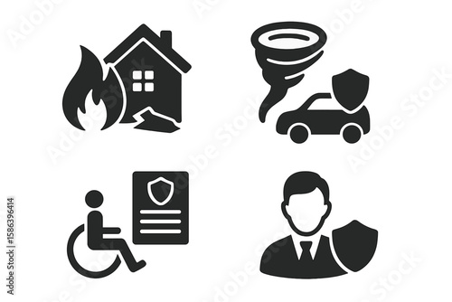 Comprehensive Property and Auto Insurance Vector Icon Set. Fire Damage, Natural Disaster, Tornado, Car Accident, Disability, Insurance Document, Agent. Black Silhouette Pictograms Collection