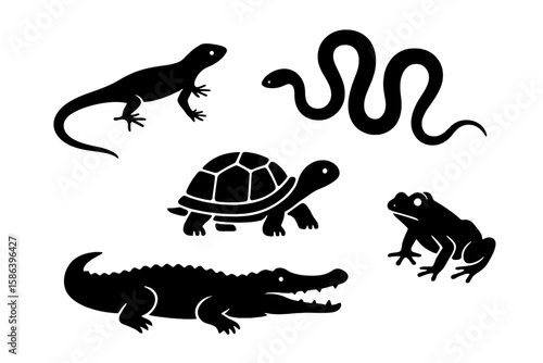 Wild Reptile and Amphibian Silhouettes Vector Illustration. Lizard, Snake, Turtle, Crocodile, Frog. Black Animal Icons on White Background. Nature, Wildlife, Herpetology, Educational Graphic Design