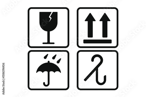 A set of 4 manipulation symbols for packaging, cargo, products, and goods. Fragile, This Way Up, Keep Dry, Use No Hooks. Vector illustration for logistics and shipping.