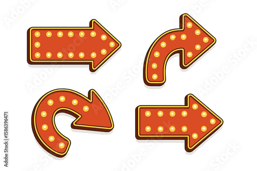 Retro marquee arrow light bulb sign set. Vintage illuminated glowing pointer collection for cinema, circus, or theatre advertising. 3D style directional vector element.