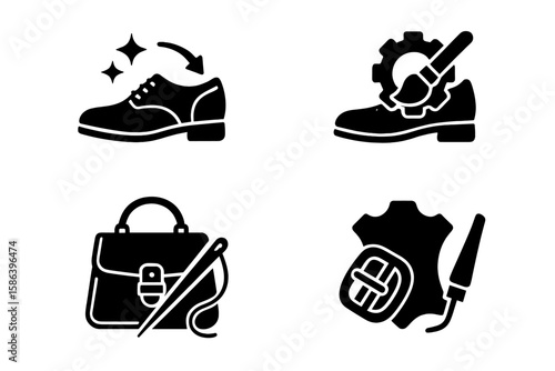 Leather repair glyph icon set. Shoe care and shining, handbag restoration. Cobbler service, leathercraft tools. Patching, sewing, and polishing footwear and accessories.