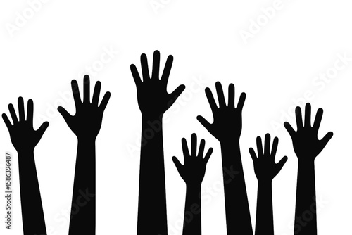 Raised Hands Silhouette Vector. Diverse Group of People Reaching Up. Volunteer, Voting, Participation, Community Support, Unity, Teamwork, Social Movement, Activism, Charity, Transparent Background