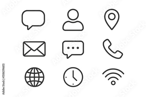 Contact us vector line icon set. Communication symbols for business: phone, email, message, chat, location, user, web. Outline pictogram illustration for web and mobile UI.