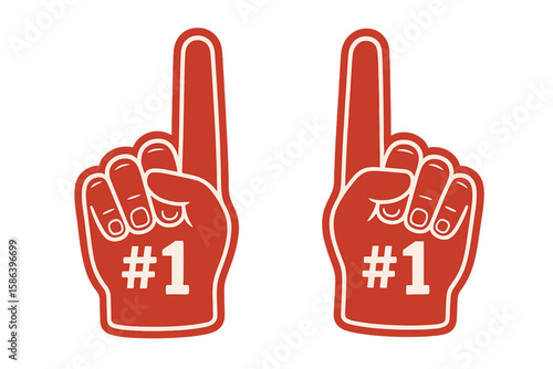 Set of two red foam fingers with number one sign. Fan merchandise for supporting a sports team. Symbol of being a winner, champion, and first place. Vector illustration.