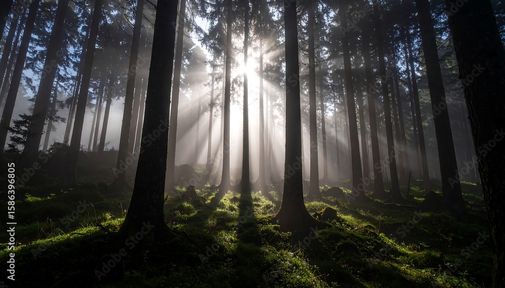 Fototapeta premium Sunlight streams through a misty forest