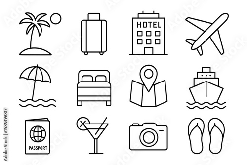 Travel and Tourism Line Icon Set. Vacation, Hotel Stay, Beach Resort, Cruise, Airplane, Luggage, Passport, Map, Bed, Cocktail, Camera, Flip Flops. Outline Linear Vector Icons for Web and Apps
