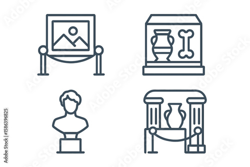 Set of 4 Linear Style Museum Icons, Art Gallery, Archaeological and Historical Exhibits, Sculpture and Ancient Artifacts, Outline Icon Collection