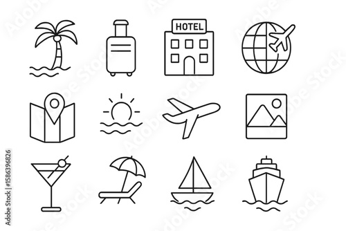 Travel and Tourism Line Icon Set. Vacation, Hotel Stay, Beach Resort, Cruise, Airplane, Luggage, Map, Globe, Cocktail, Sun, Yacht, Ship. Outline Linear Vector Icons for Web and Apps