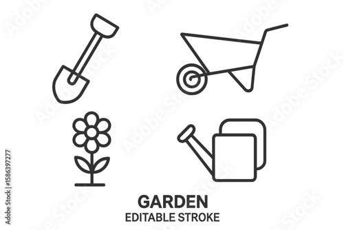 Garden Tools and Flower Line Icons Set. Editable Stroke. Shovel, Wheelbarrow, Watering Can, Flower. Minimalist Linear Style for Web, App, Graphic Design, Gardening, Landscaping, Outdoor Work, Hobbies