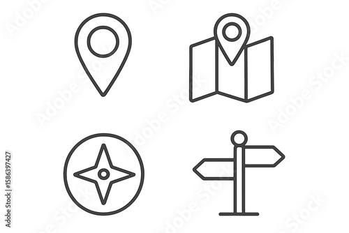 Navigation and Location Concept Icons Set. Linear Style Vector Illustrations of Map Pin, Folded Map, Compass, Direction Signpost. Editable Stroke. Web, App, Travel, GPS, Wayfinding, Location Services
