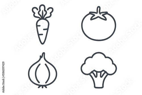 Minimalist Vegetable Icon Set. Editable Linear Outline Style. Carrot, Tomato, Onion, Broccoli. Healthy Food, Nutrition, Vegan, Vegetarian, Organic, Farm Fresh, Web, App, Graphic Resources