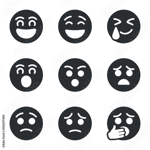 Expressive Emoticons Set Diverse Range of Emotions from Joy to Sadness, Anger to Surprise, Featuring Classic Round Faces with Simple Designs on a Clean White Background