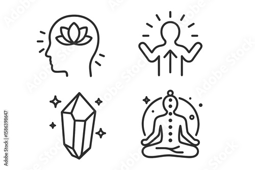 Spiritual Growth and Mindfulness Line Icon Set – Meditation, Enlightenment, Chakra Balance, Crystal Healing, Personal Transformation, Universe Energy, Wellness, Inner Peace, Vector Illustration