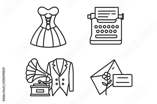 Victorian Era Line Icon Set of 4, 19th Century Antique Vector Pictograms Featuring Corset Dress, Typewriter, Gramophone with Tailcoat, and Letter with Dried Flower