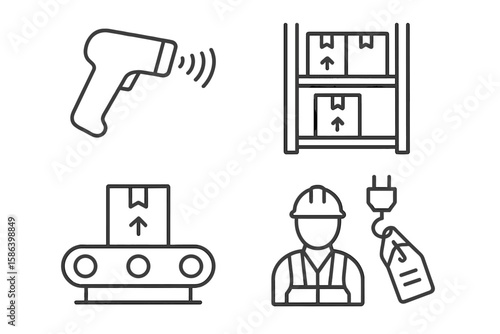 Warehouse Operations Equipment Line Icons Set – Barcode Scanner, Shelving, Conveyor Belt, Worker in Safety Vest, Crane Tag, Thin Linear Style, Logistics and Inventory Management Vector Illustration