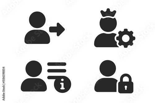User Account Icon Set – Vector Pictograms of Profile Avatar, Login, Admin, Guest, User List, Account Details, Info, Secure Identity, Access Management, Contact, Black Silhouette Symbols