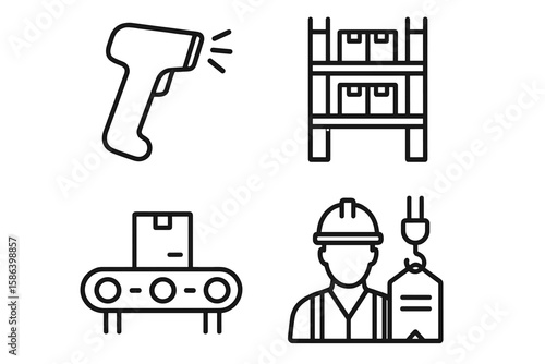 Warehouse Operations Equipment Line Icons Set – Barcode Scanner, Industrial Shelving, Conveyor Belt, Worker with Hard Hat, Crane Hook, Shipping Label – Thin Linear Vector Illustration