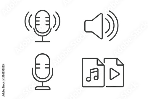 Podcast icon set for broadcast and streaming. Microphone for recording audio and voice. Sound and volume symbol. Music and video file sign for media player interface.