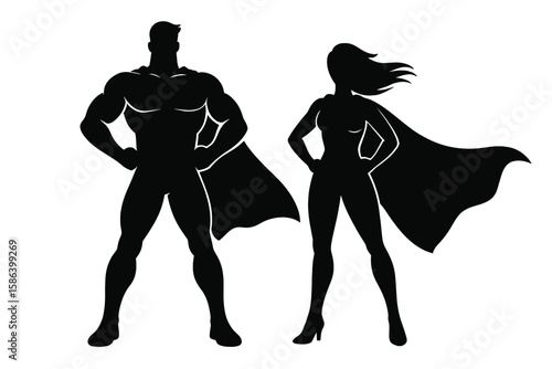 Dynamic Superhero Couple Silhouette Vector Illustration, Powerful Male and Female Heroes in Capes, Standing Confidently, Isolated on Transparent Background, Comic Book Style, Heroic Pose