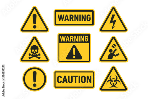 Set of Yellow and Black Warning Signs Vector Illustration. Hazard, Danger, Caution, Biohazard, Electrical, Toxic, Falling Objects, Exclamation Mark, Safety Symbols on Transparent Background