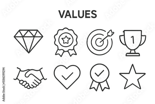 Business values line icon set. Diamond quality, achievement, trophy, handshake, heart, target, star, badge, award, success, integrity, reliability, linear vector illustration.