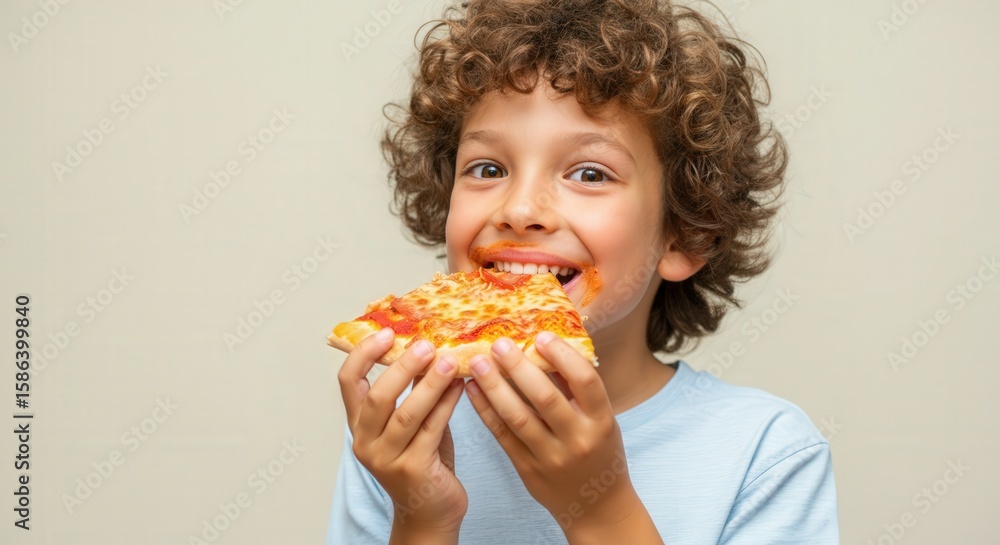 Happy curly-haired child eating slice of cheese pizza in casual setting Happy curly-haired child eating slice of cheese pizza in casual setting