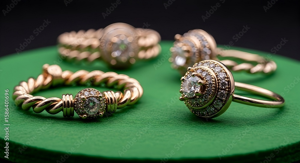 Fototapeta premium Rings with Gemstones on Green Surface in Soft Lighting