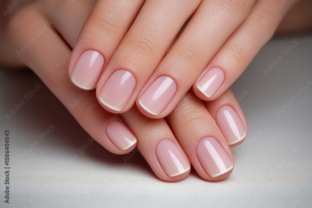 Elegant hands with a Russian manicure showcasing a clean girl aesthetic, featuring soft pink polish and delicate white tips, emphasizing beauty and sophistication in nail art Elegant hands with a Russian manicure showcasing a clean girl aesthetic, featuring soft pink polish and delicate white tips, emphasizing beauty and sophistication in nail art